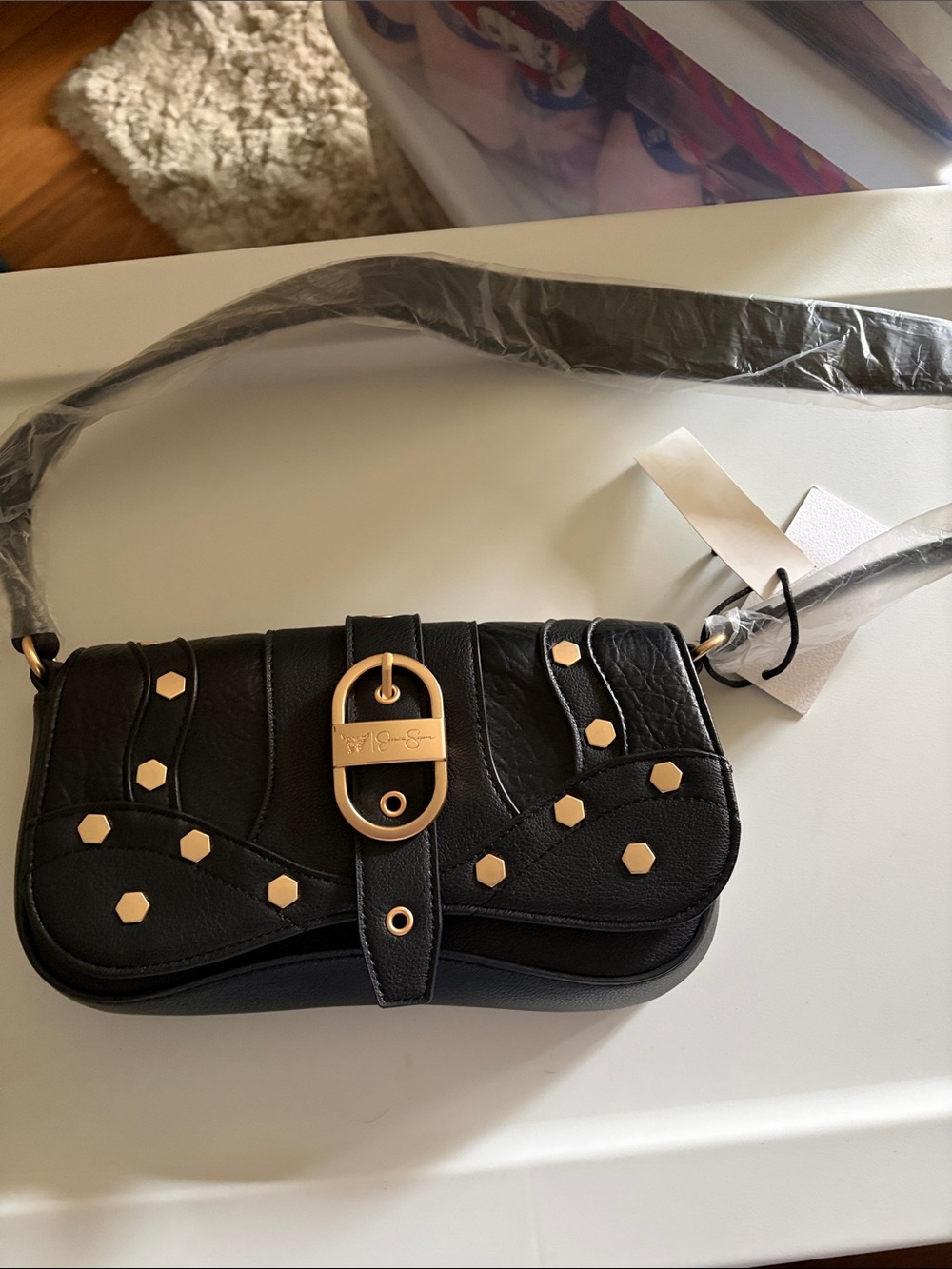 Jessica Simpson Black Leather Crossbody Bag with Gold Stud Accents
